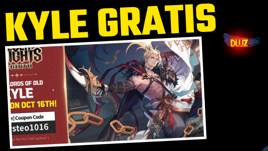 Heróis do jogo com uma pilha de recompensas dos códigos Seven Knights Rebirth