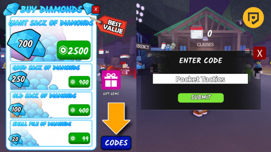 99 Nights in the Forest codes: Screenshots of the gems menu and the code redemption menu