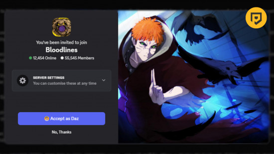 Códigos Bloodlines Discord Códigos Bloodlines: captura de tela de um convite para o servidor Discord do Bloodlines com o logo PT no canto superior direito
