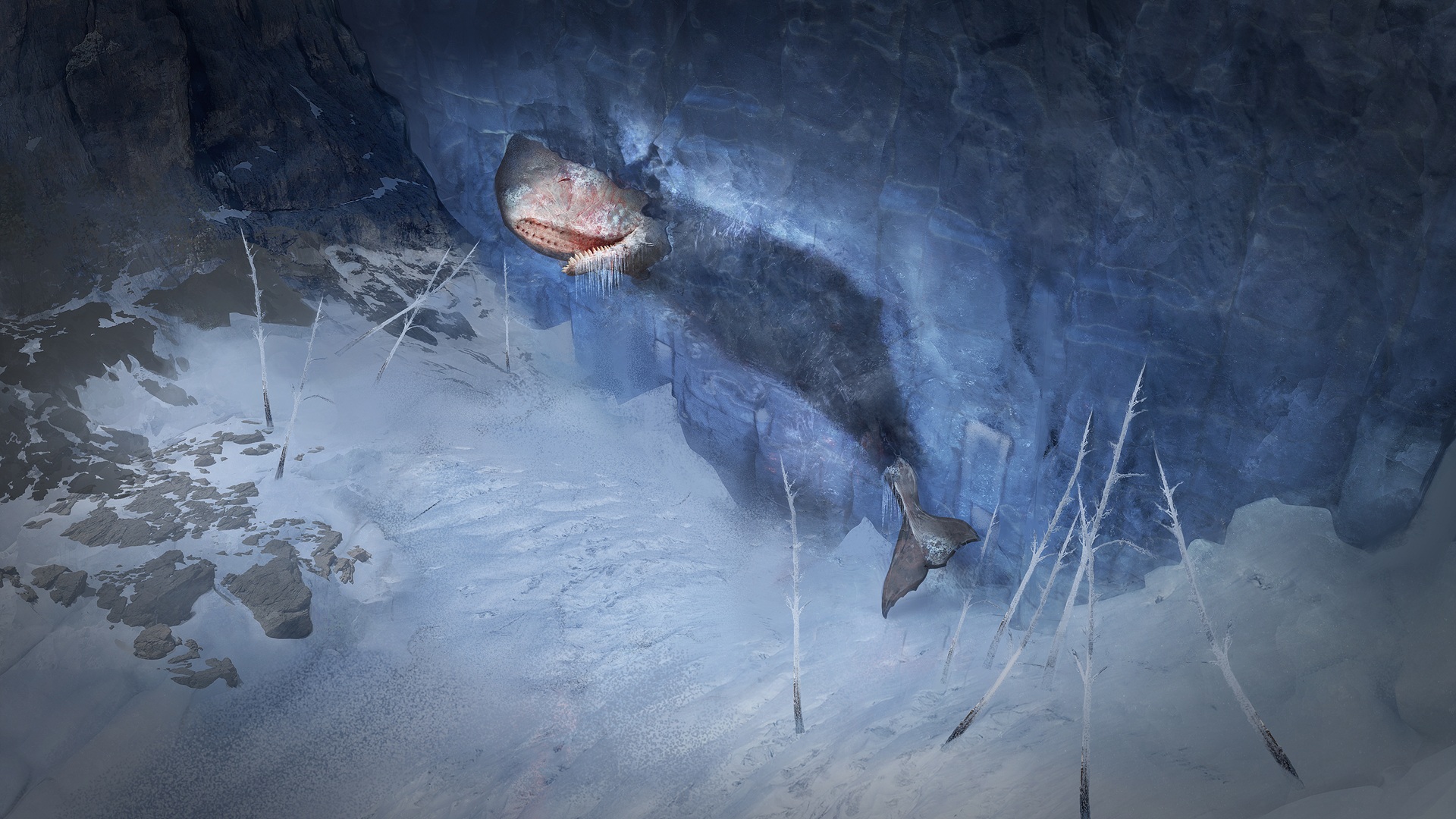 Uma baleia encurralada em um glaciar em Frostpunk 1886