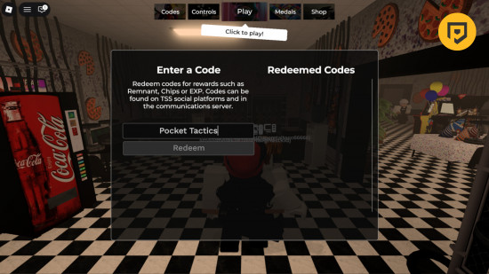 FNAF Versus codes: A screenshot of the codes box with Pocket Tactics in the box and a PT logo in the top right corner