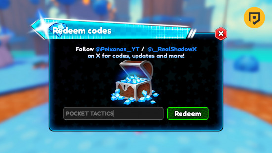 Anime Celestial X codes: A screenshot of the codes box with POCKET TACTICS in it and a PT logo in the top right corner