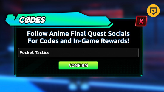 Anime Final Quest codes: An image of the code redemption screen in Anime Final Quest codes in Roblox.