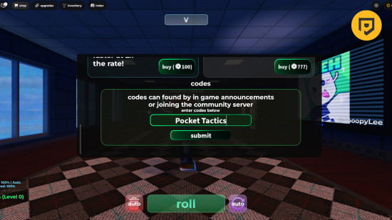 Emote RNG codes: A screenshot of the codes box with Pocket Tactics in the box and a PT logo in the top right corner