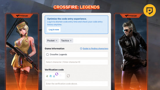 Crossfire Legends codes: An image of the Crossfire Legends code redemption page.
