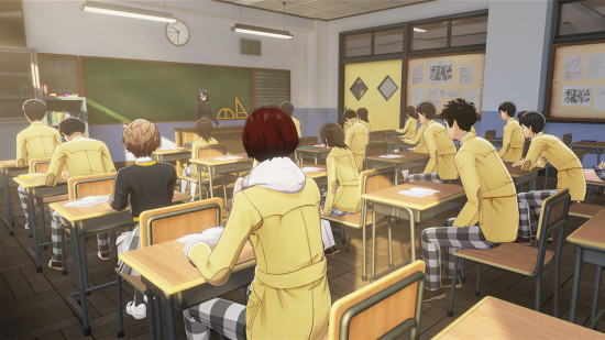 Persona 5 X screenshot: students in yellow uniforms sit at desks in front of a chalkboard in a classroom.