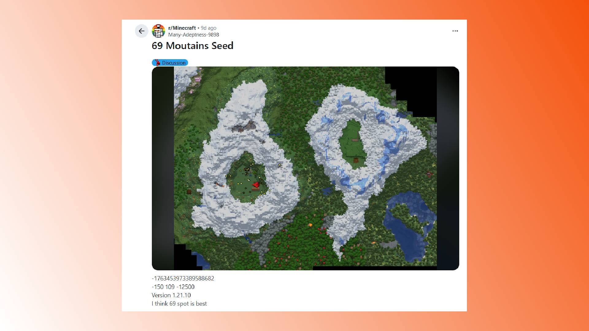 Montanhas em Minecraft que formam o número 69
