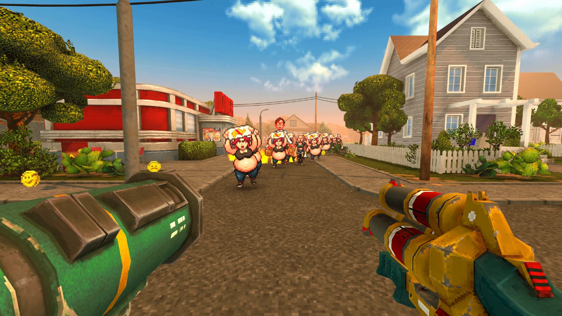 Postal Bullet Paradise: A first-person screenshot of someone holding a rocket launcher in one hand and a shotgun in the other as a horde of enemies approaches