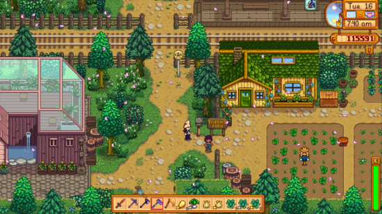 Best iOS games: a screenshot from Stardew Valley showing a farm an crops