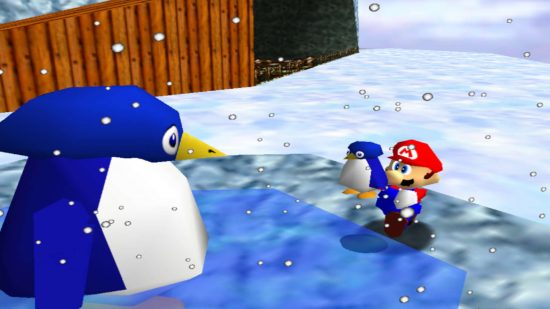 Christmas games - Mario holding a small penguin up towards a penguin twice his size