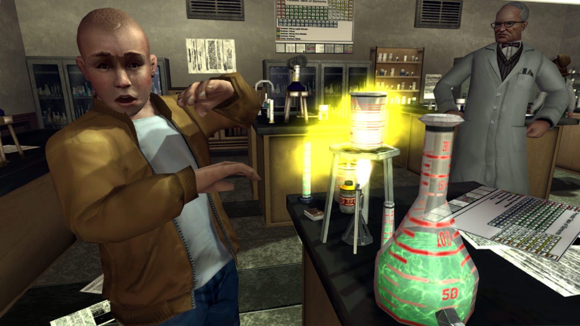Bully: A student and professor looking at an exploding science experiment in a lab