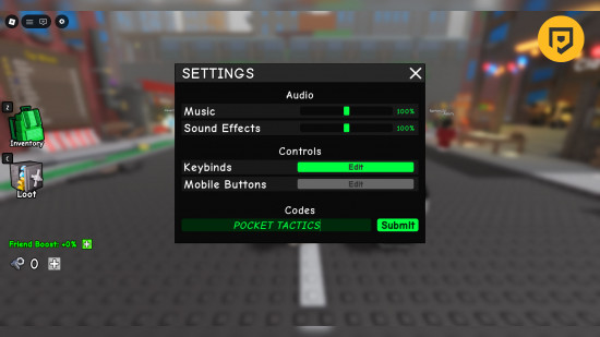 Survive Wave Z codes: A screenshot of the codes box with POCKET TACTICS in the box and a PT logo in the top right corner