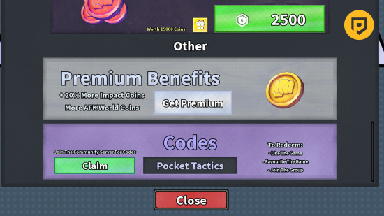 Impact Arena codes: An image of the Impact Arena code redemption box in Roblox.