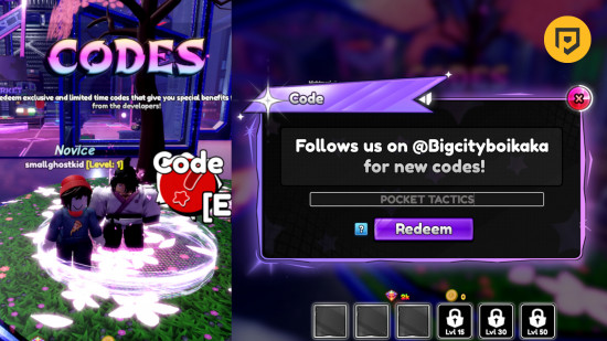 Anime Auto Chess codes: A dual screenshot of the Codes NPC and the codes box with POCKET TACTICS in the slot and a PT logo in the top right corner