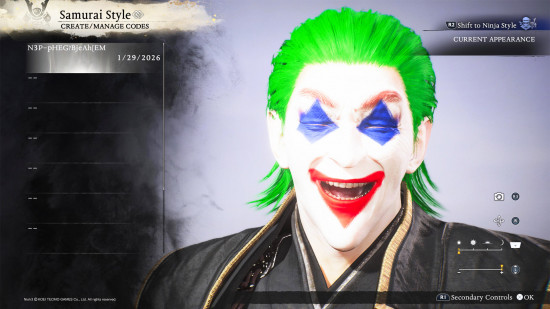 Nioh 3 character creation codes: a man with bright green hair, and blue and red face paint