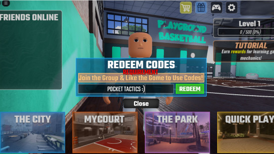 Playground Basketball's code redemption screen, with Pocket Tactics filled in where a code would go