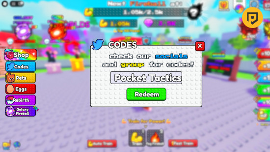Fireball Training codes: A screenshot of the codes box with Pocket Tactics in the box, a PT logo in the top right corner, and a blurred background to focus on the codes box and the codes button