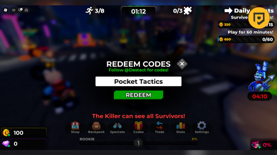 Animatronic Nights codes: A screenshot of the codes redemption box with Pocket Tactics in the input and a PT logo in the top right corner