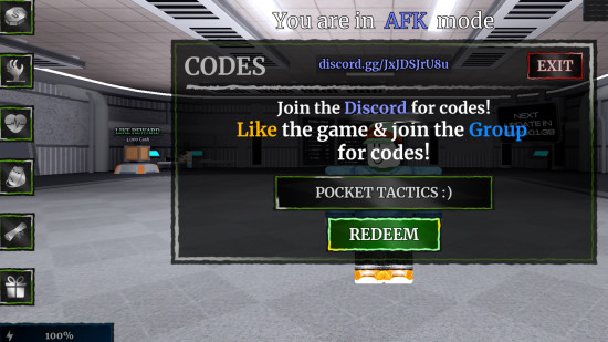 Plague codes redemption screen with pocket tactics filled in where a code goes