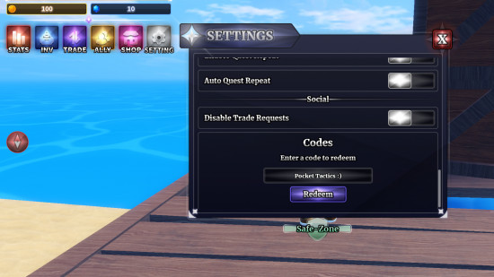 Sailor Piece codes redemption screen, with Pocket Tactics filled in where the code goes