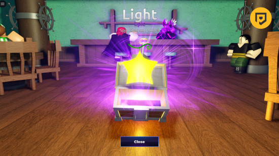 Fruit Battlegrounds tier list: A screenshot of rolling a Light fruit in Fruit Battlegrounds with a PT logo in the top right corner