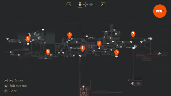 Seven of the locations of MIO bosses marked on the in-game map.