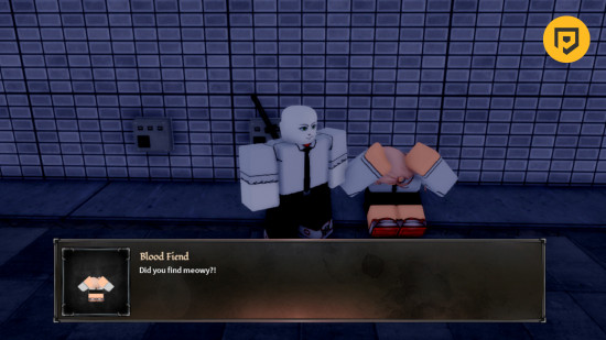 Devil Hunter Meowy: A Public Safety worker standing next to a hunched over, crying Power with the dialogue box saying 'Did you find Meowy?'. There's a PT logo in the top right corner