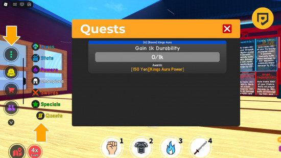 Anime Fighting Simulator Endless quests: A screenshot of the quests menu with two arrows and a PT logo in the top right corner